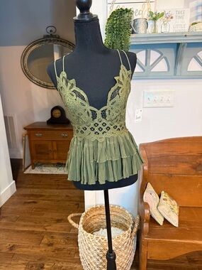 Free People Green Lace Peplum Blouse